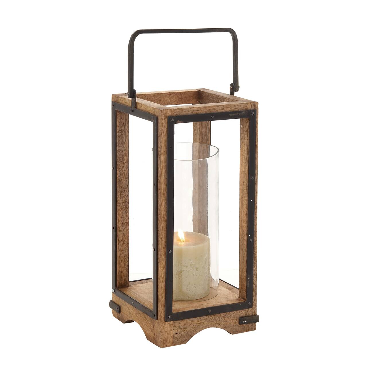 Natural Brown Mango Wood Traditional Candle Holder Lantern, 22" x 8" x 8"